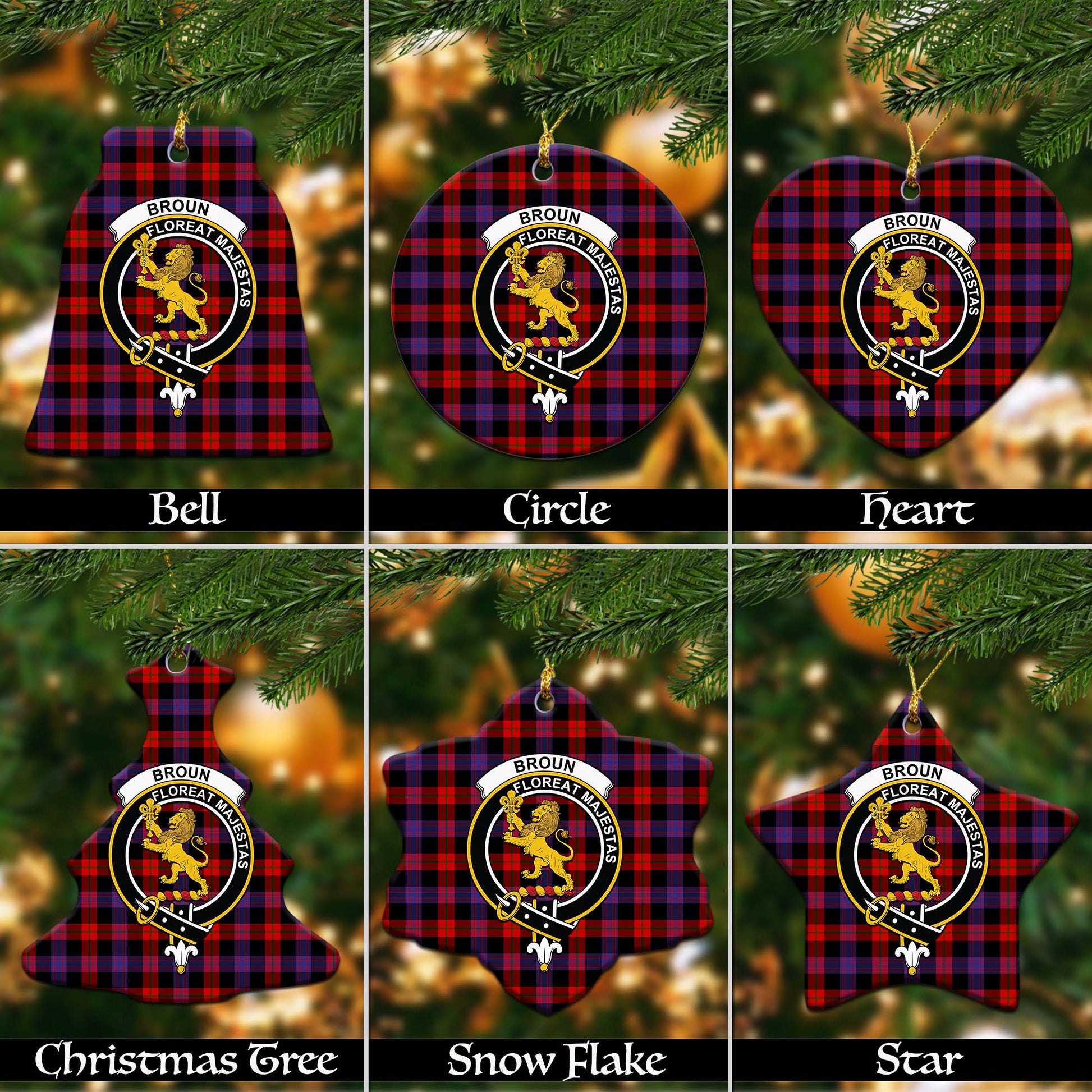 Broun Modern Tartan Christmas Ornaments with Family Crest Ceramic Bell Pack 1: ornament * 1 piece - Tartanvibesclothing