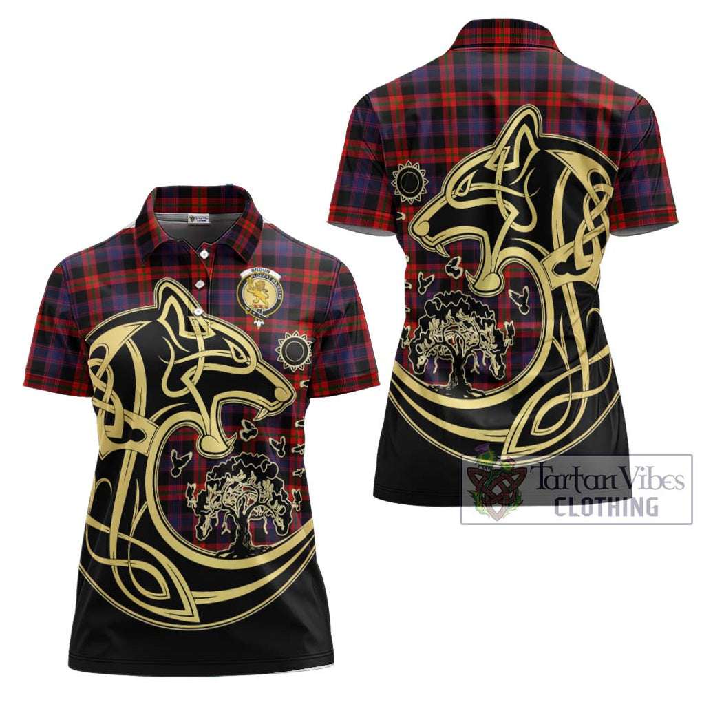 Broun Modern Tartan Women's Polo Shirt with Family Crest Celtic Wolf Style Women - Tartanvibesclothing Shop