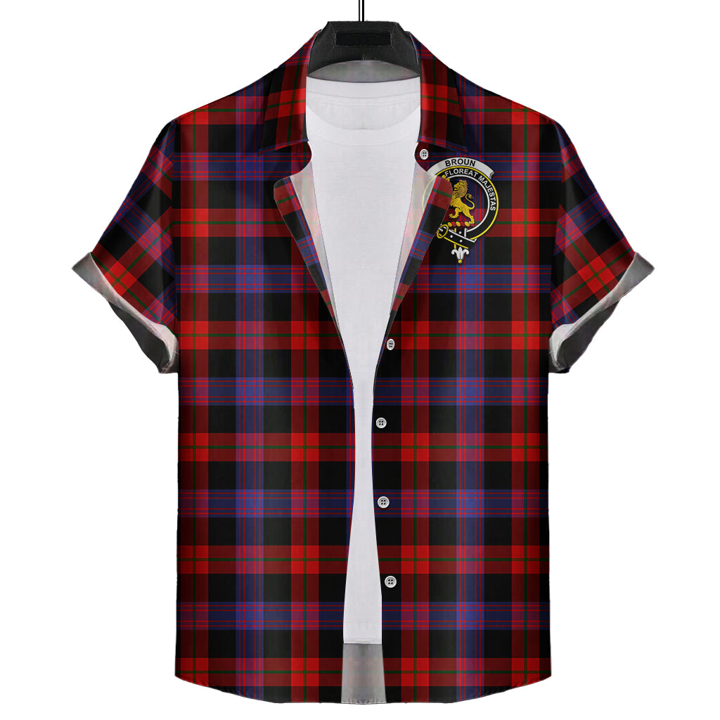 Broun Modern Tartan Short Sleeve Button Down Shirt with Family Crest - Tartanvibesclothing