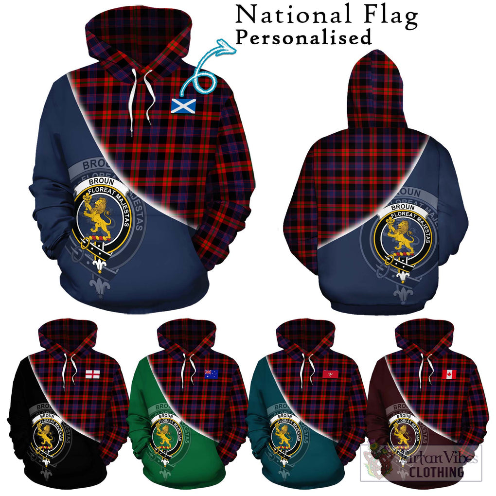 Broun Modern Tartan Hoodie with Personalised National Flag and Family Crest Half Style Zip Hoodie - Tartanvibesclothing Shop