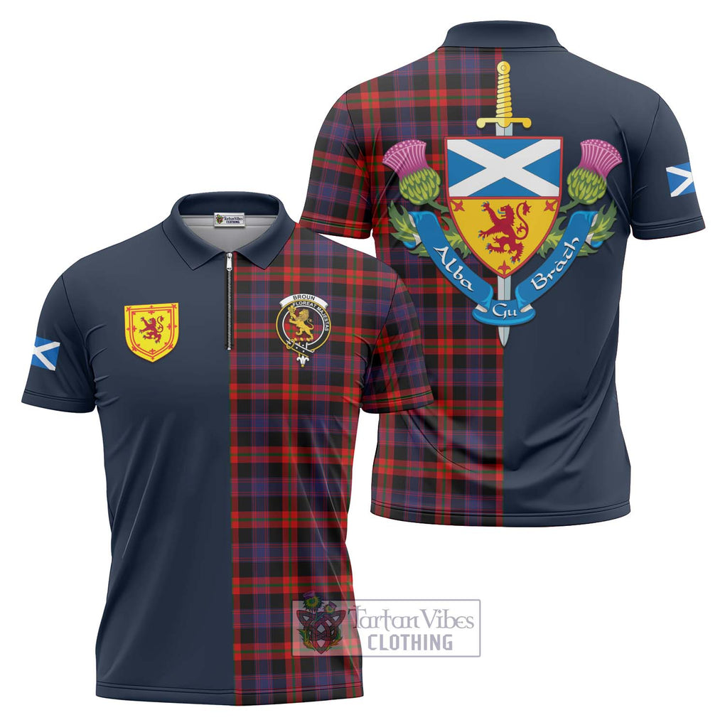 Tartan Vibes Clothing Broun Modern Tartan Zipper Polo Shirt with Scottish Lion Royal Arm Half Style