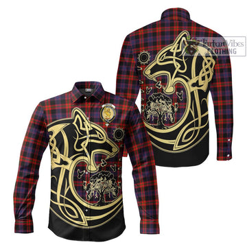 Broun Modern Tartan Long Sleeve Button Shirt with Family Crest Celtic Wolf Style