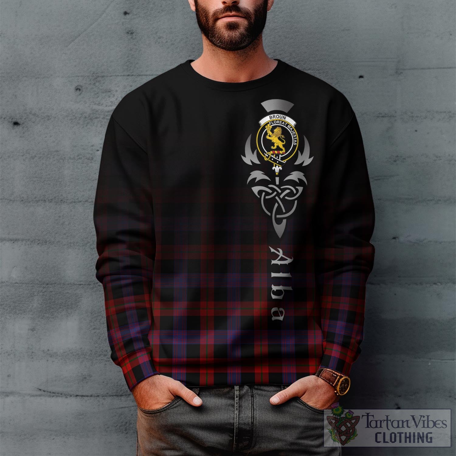 Tartan Vibes Clothing Broun Modern Tartan Sweatshirt Featuring Alba Gu Brath Family Crest Celtic Inspired