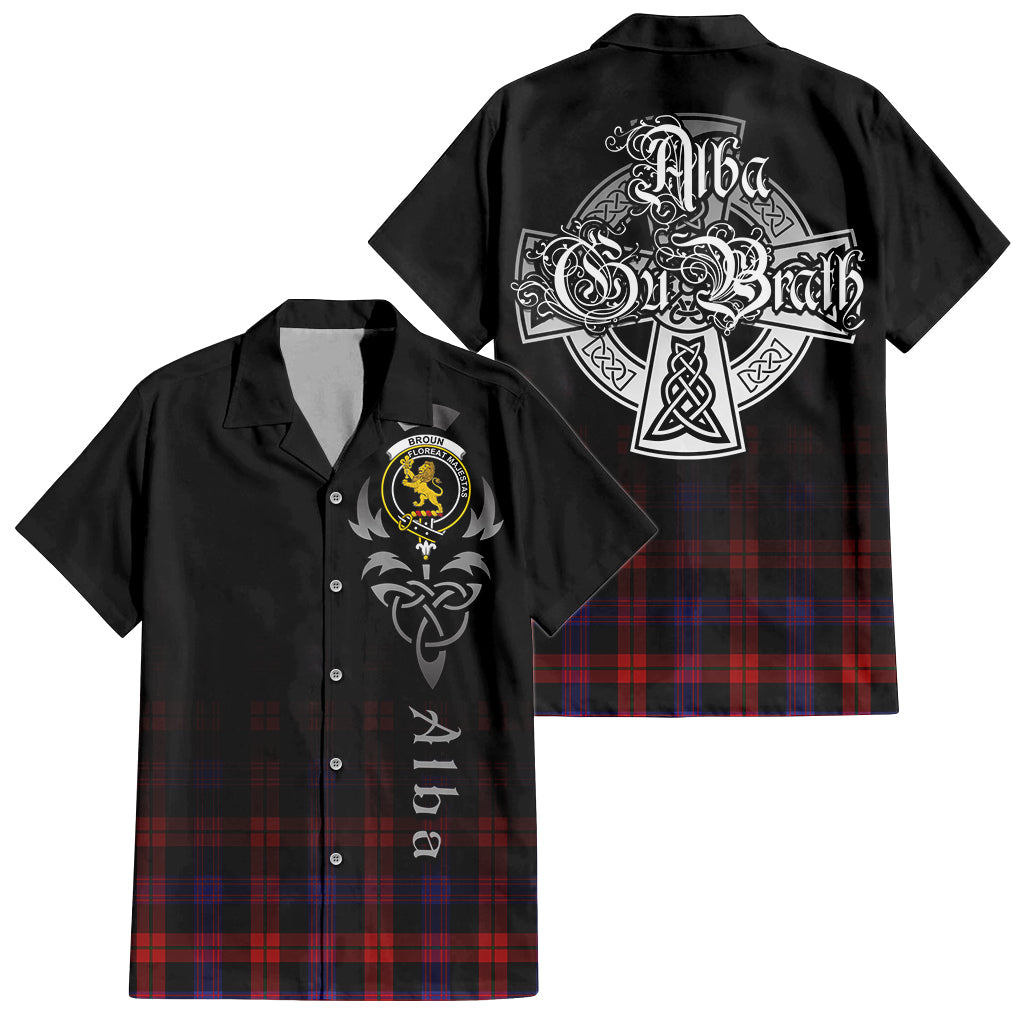 Tartan Vibes Clothing Broun Modern Tartan Short Sleeve Button Up Featuring Alba Gu Brath Family Crest Celtic Inspired