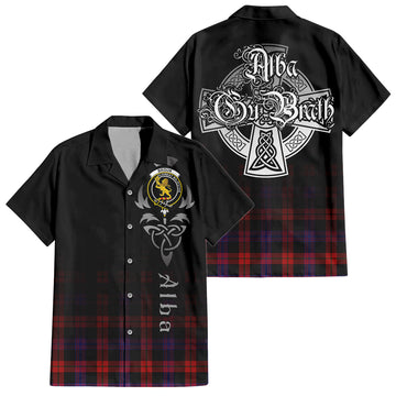 Broun Modern Tartan Short Sleeve Button Up Shirt Featuring Alba Gu Brath Family Crest Celtic Inspired