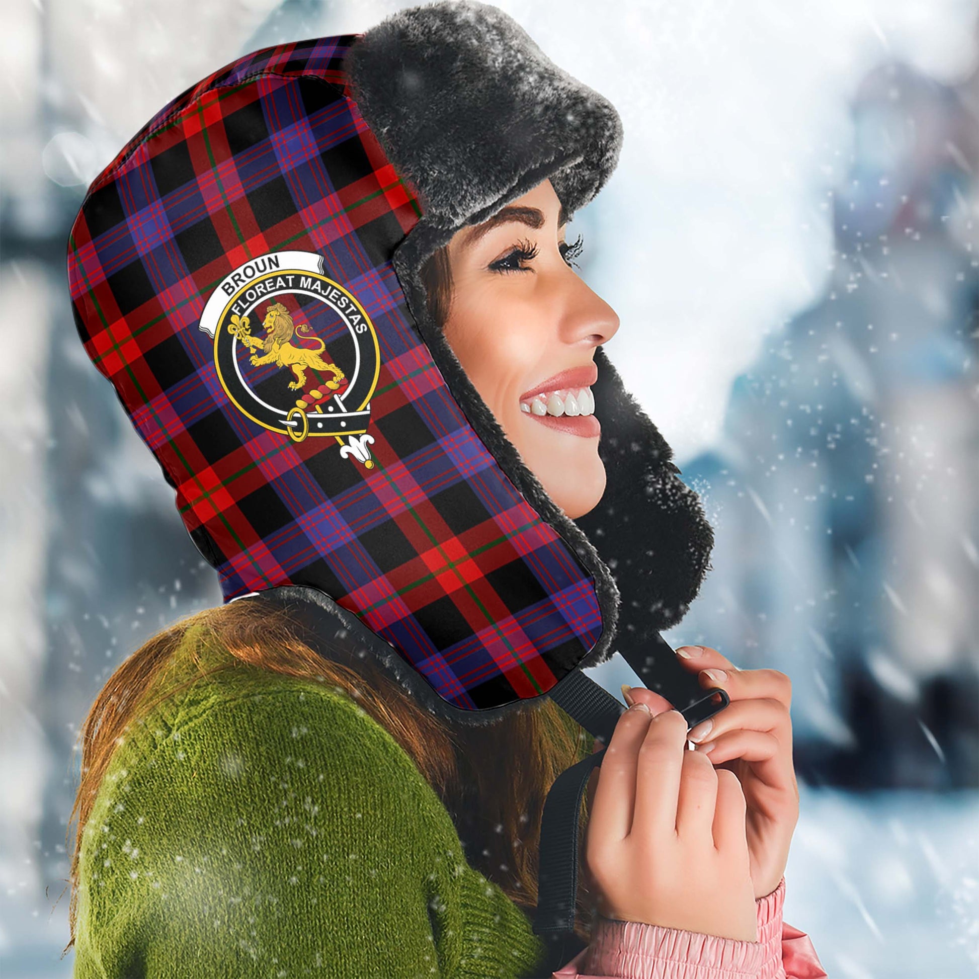 Broun Modern Tartan Winter Trapper Hat with Family Crest Winter Trapper Hat Universal Fit Circumference 22.8in (58cm) - Tartanvibesclothing