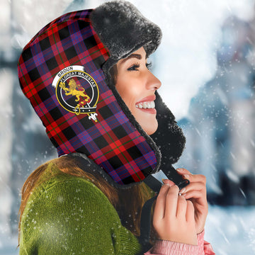 Broun Modern Tartan Winter Trapper Hat with Family Crest