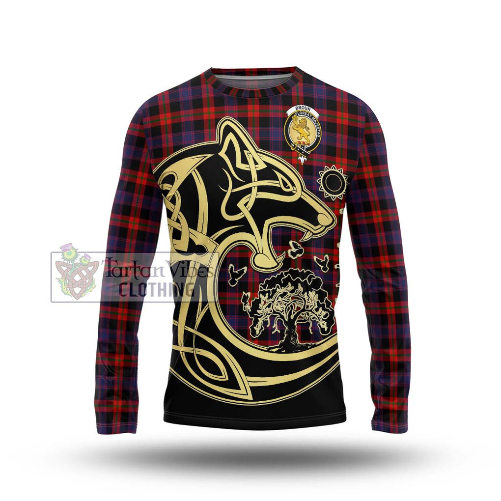 Broun Modern Tartan Long Sleeve T-Shirt with Family Crest Celtic Wolf Style Unisex - Tartan Vibes Clothing