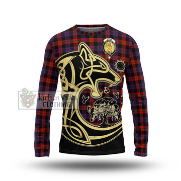 Broun Modern Tartan Long Sleeve T-Shirt with Family Crest Celtic Wolf Style