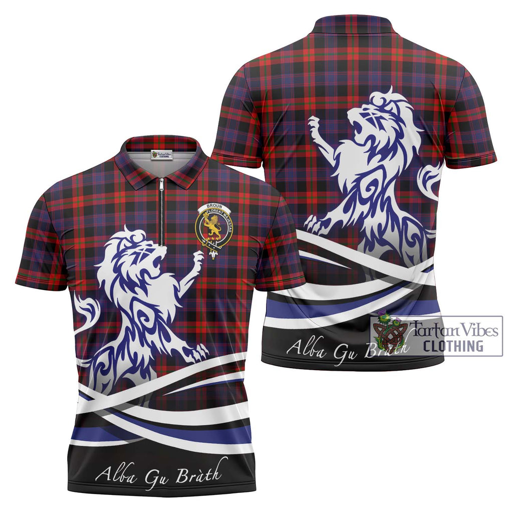 Broun Modern Tartan Zipper Polo Shirt with Alba Gu Brath Regal Lion Emblem Unisex - Tartanvibesclothing Shop