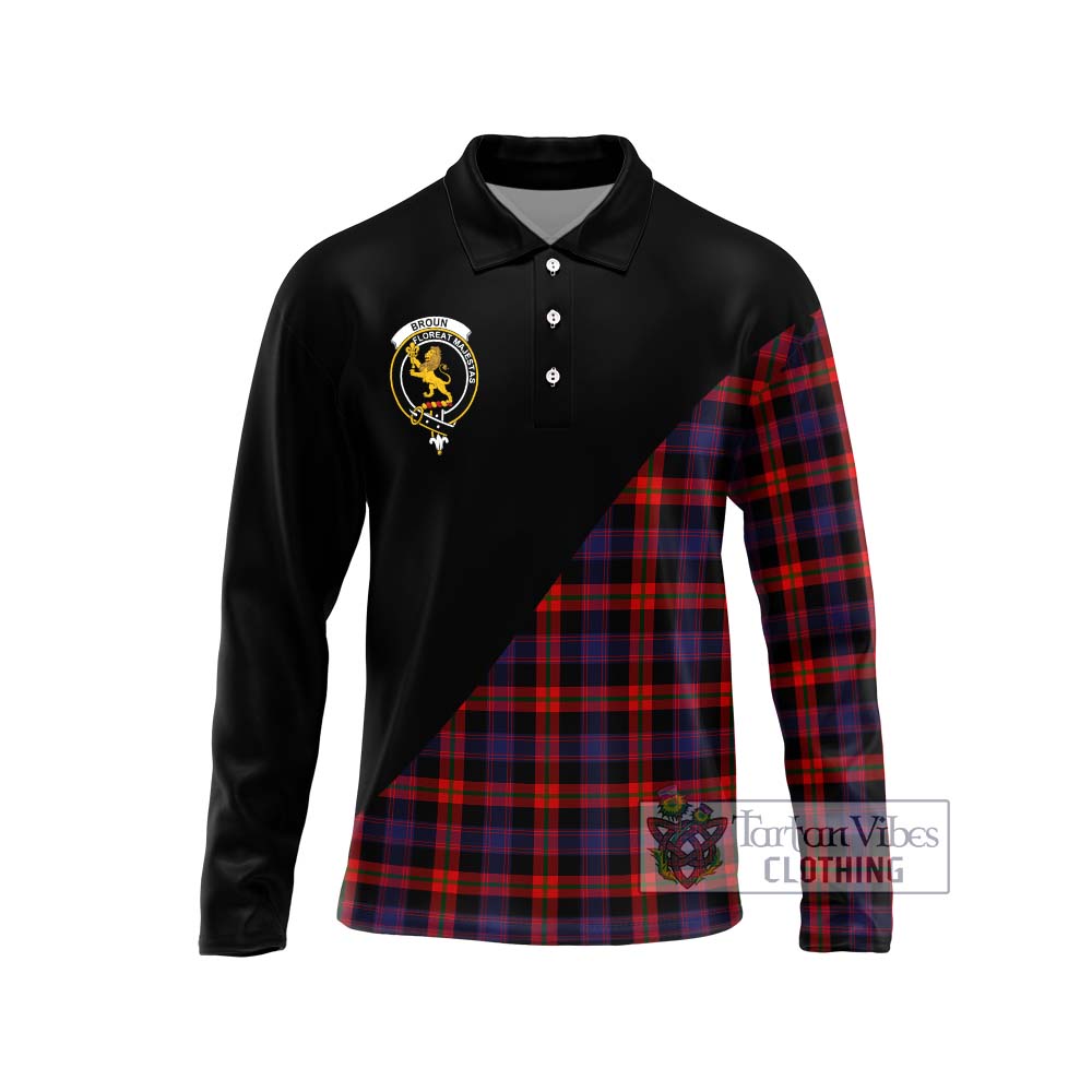 Broun Modern Tartan Long Sleeve Polo Shirt with Family Crest and Military Logo Style Unisex - Tartanvibesclothing Shop