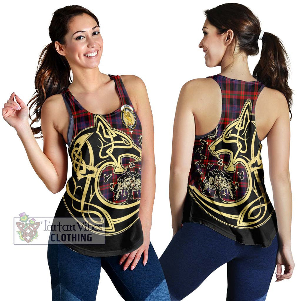 Broun Modern Tartan Women's Racerback Tanks with Family Crest Celtic Wolf Style 4XL - Tartan Vibes Clothing