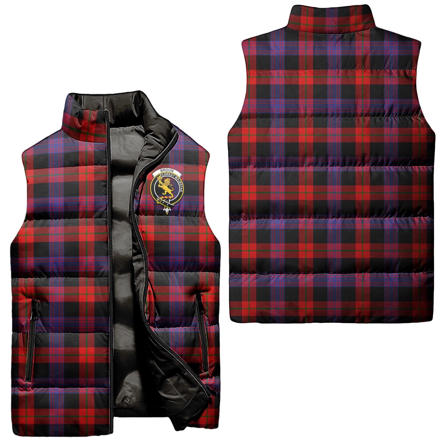 Broun Modern Tartan Sleeveless Puffer Jacket with Family Crest Unisex - Tartanvibesclothing