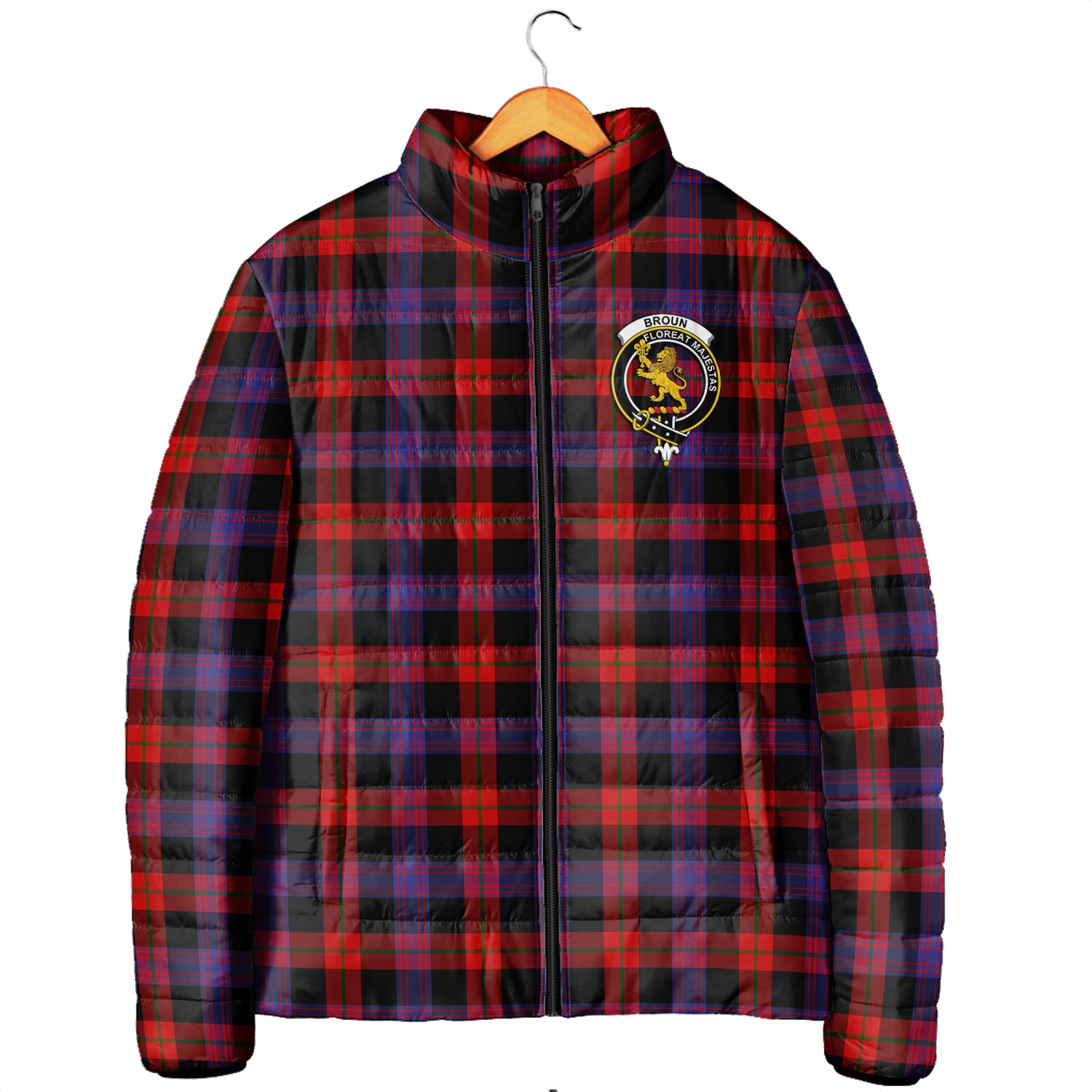 Broun Modern Tartan Padded Jacket with Family Crest Men's Padded Jacket - Tartan Vibes Clothing