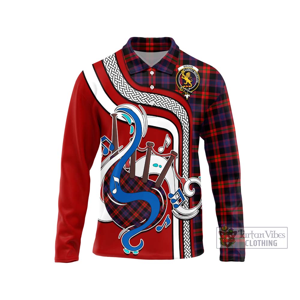 Tartan Vibes Clothing Broun Modern Tartan Long Sleeve Polo Shirt with Epic Bagpipe Style