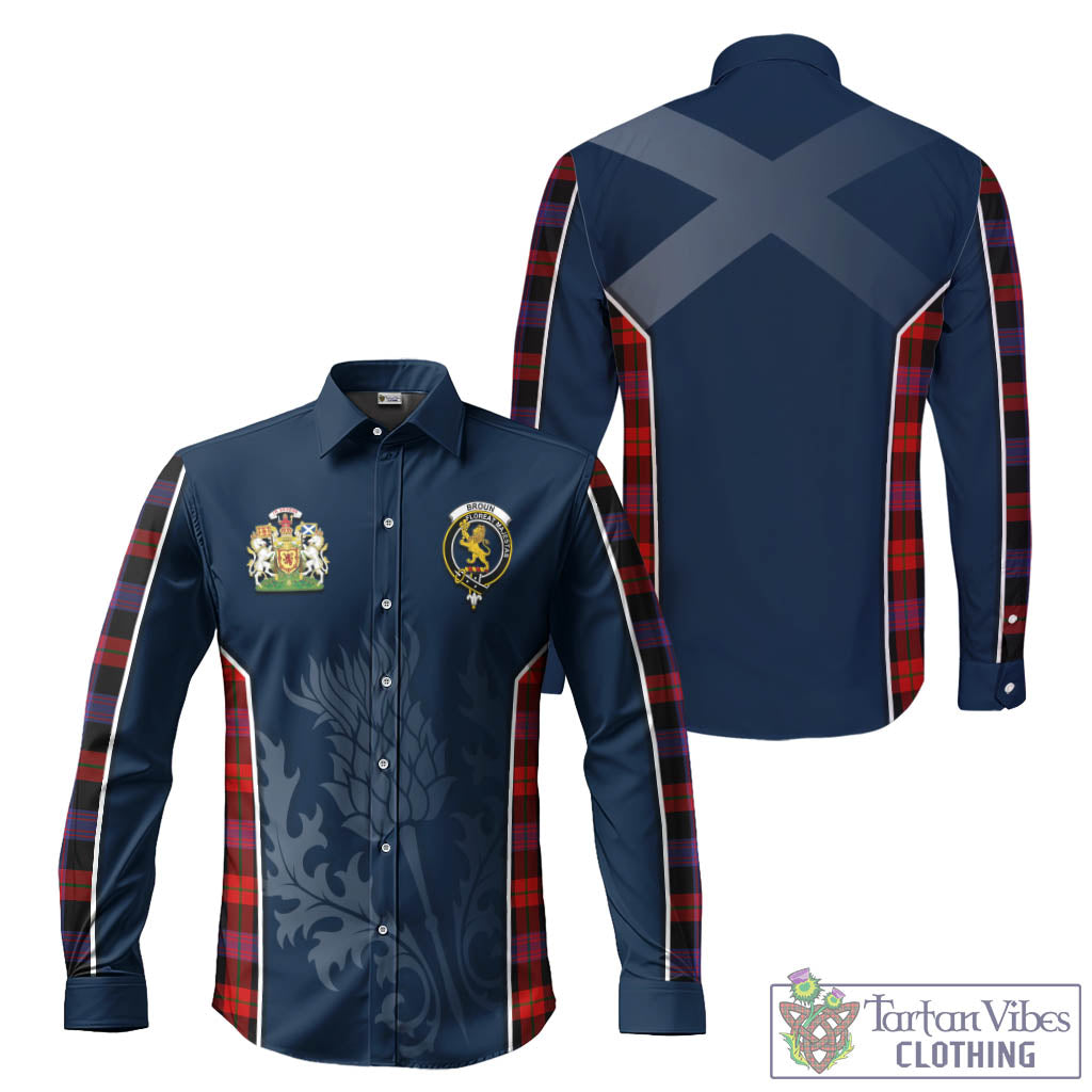 Tartan Vibes Clothing Broun Modern Tartan Long Sleeve Button Up Shirt with Family Crest and Scottish Thistle Vibes Sport Style