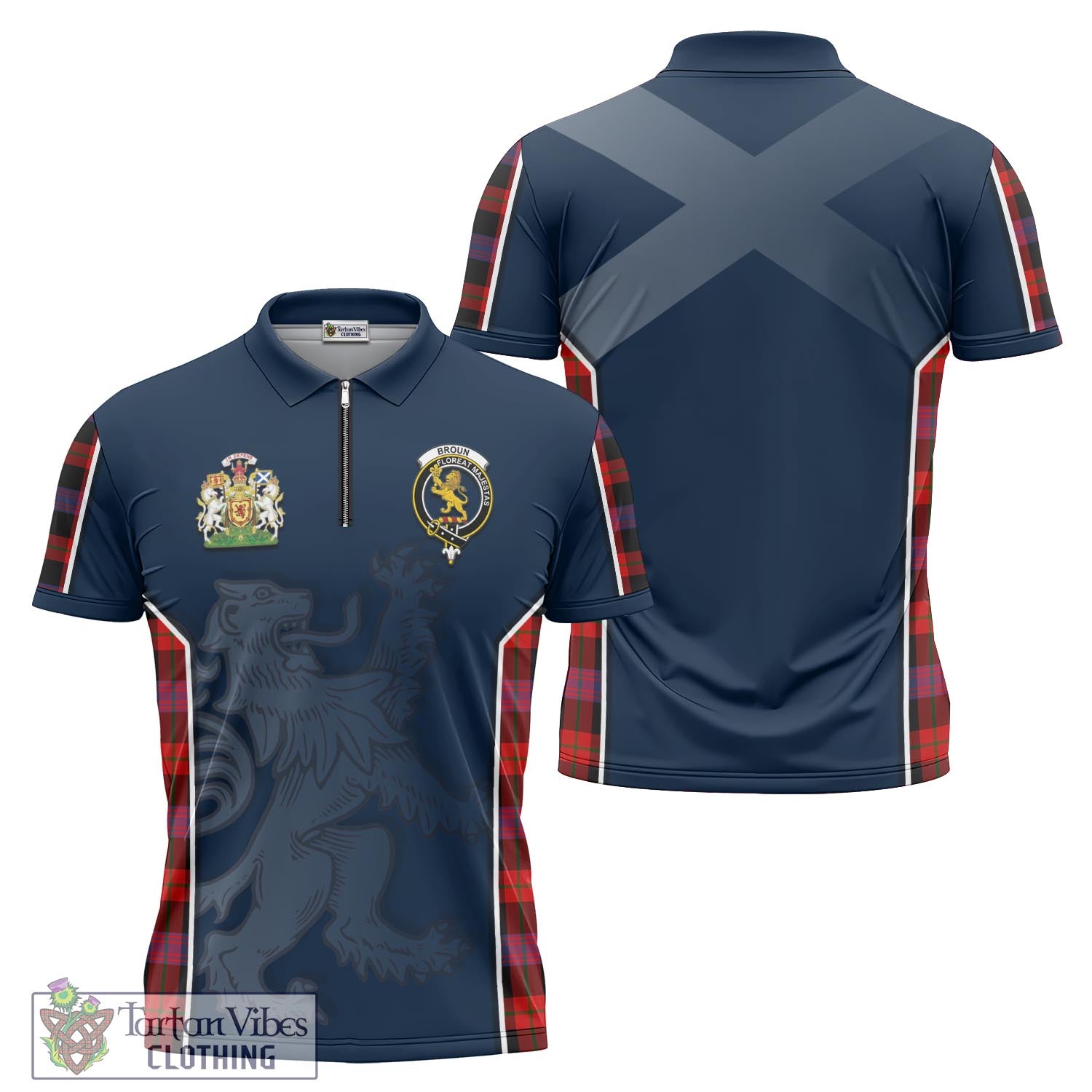 Tartan Vibes Clothing Broun Modern Tartan Zipper Polo Shirt with Family Crest and Lion Rampant Vibes Sport Style