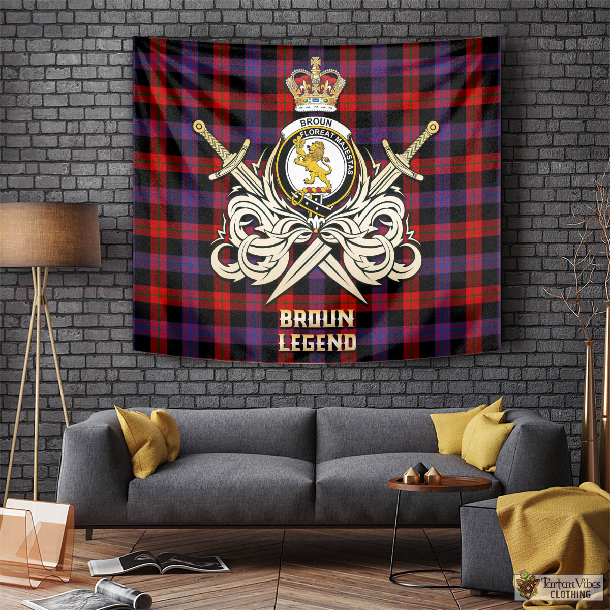 Tartan Vibes Clothing Broun Modern Tartan Tapestry with Clan Crest and the Golden Sword of Courageous Legacy