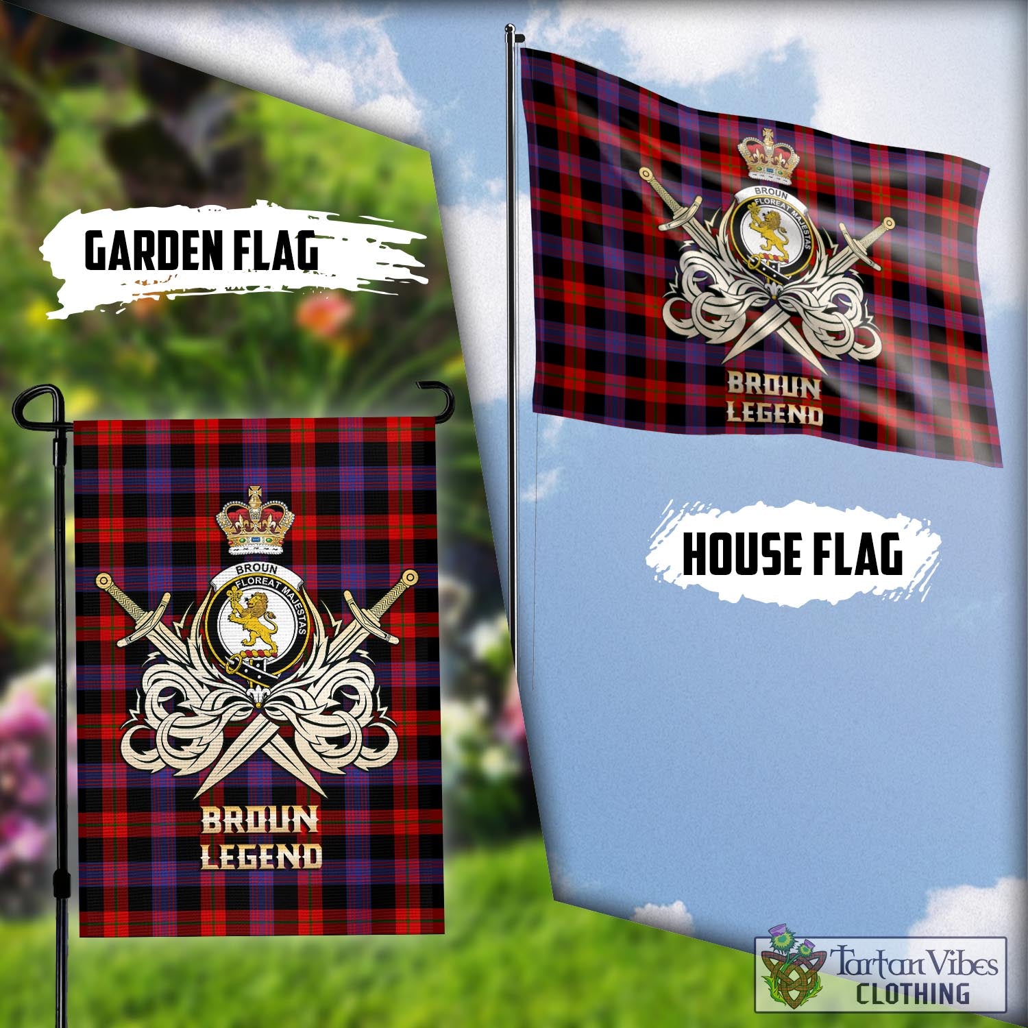 Tartan Vibes Clothing Broun Modern Tartan Flag with Clan Crest and the Golden Sword of Courageous Legacy