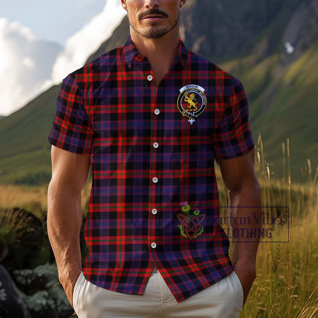 Broun Modern Tartan Cotton Hawaiian Shirt with Family Crest Adult - Tartan Vibes Clothing