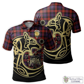 Broun Modern Tartan Polo Shirt with Family Crest Celtic Wolf Style