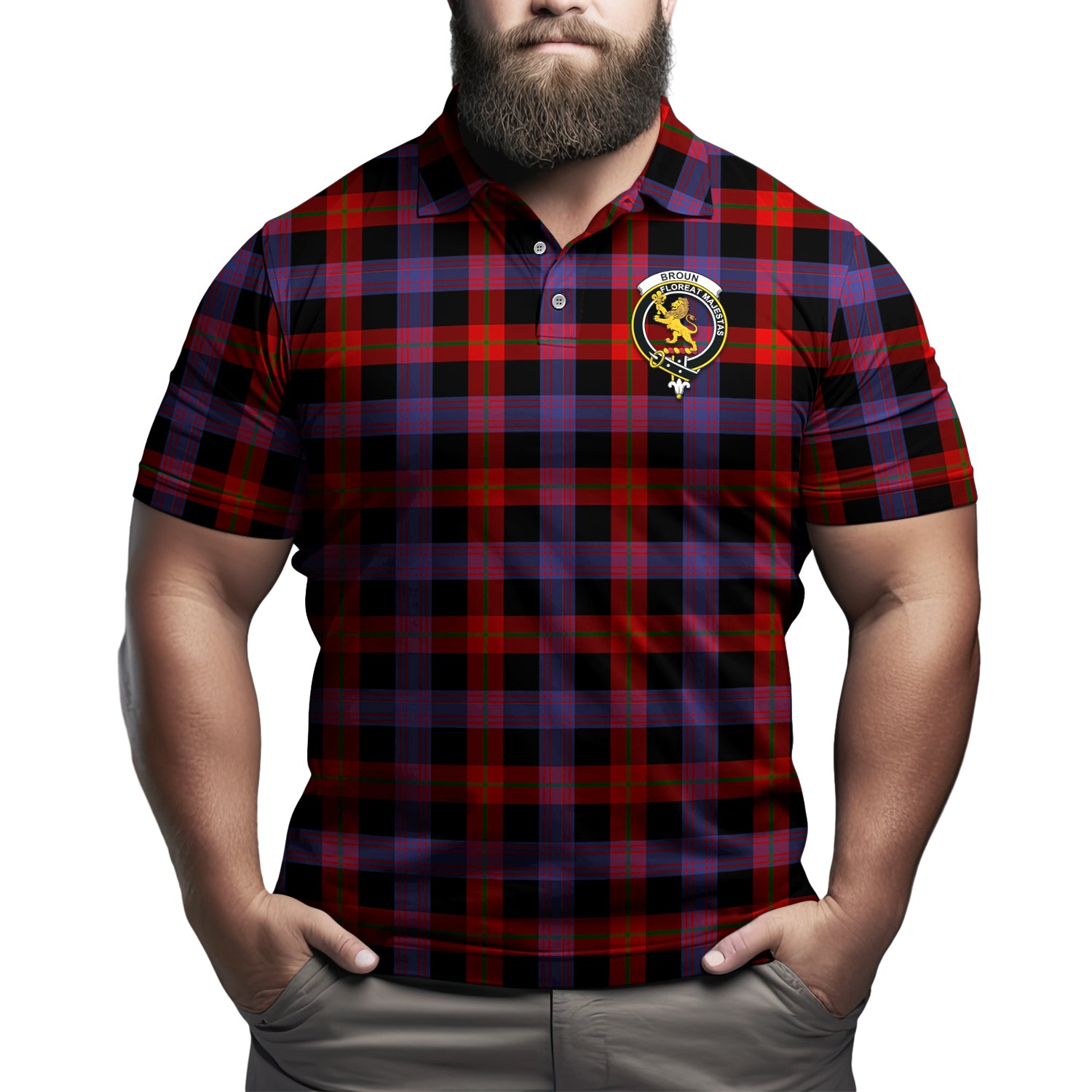 Broun Modern Tartan Men's Polo Shirt with Family Crest - Tartanvibesclothing