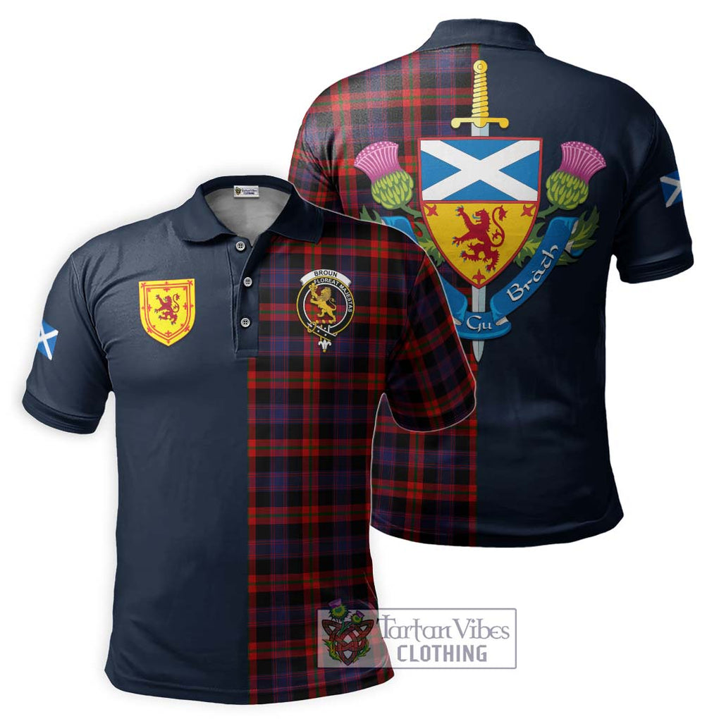 Tartan Vibes Clothing Broun Modern Tartan Polo Shirt with Scottish Lion Royal Arm Half Style