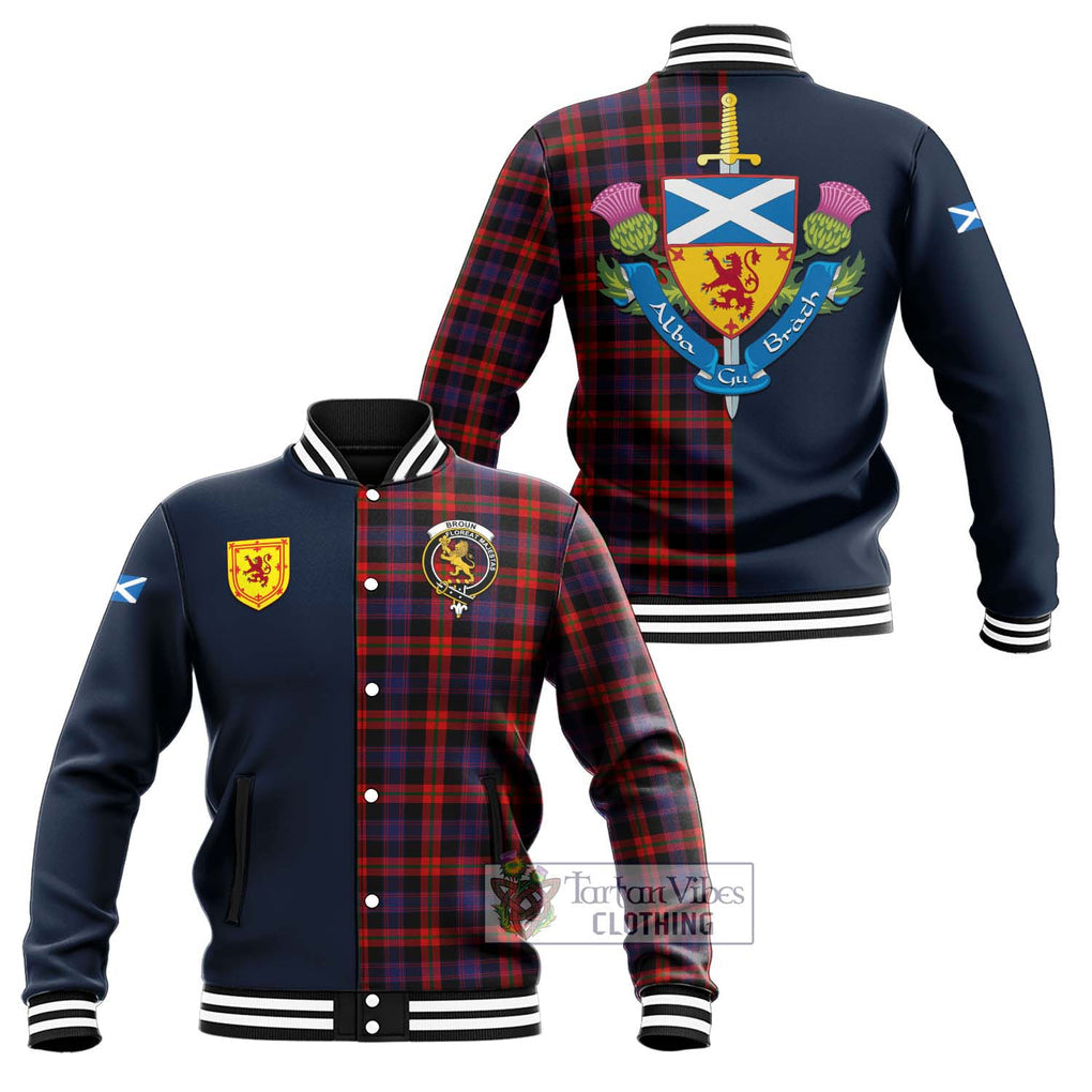 Tartan Vibes Clothing Broun Modern Tartan Baseball Jacket with Scottish Lion Royal Arm Half Style