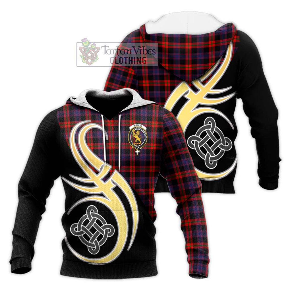 Broun Modern Tartan Knitted Hoodie with Family Crest and Celtic Symbol Style Unisex Knitted Pullover Hoodie - Tartan Vibes Clothing