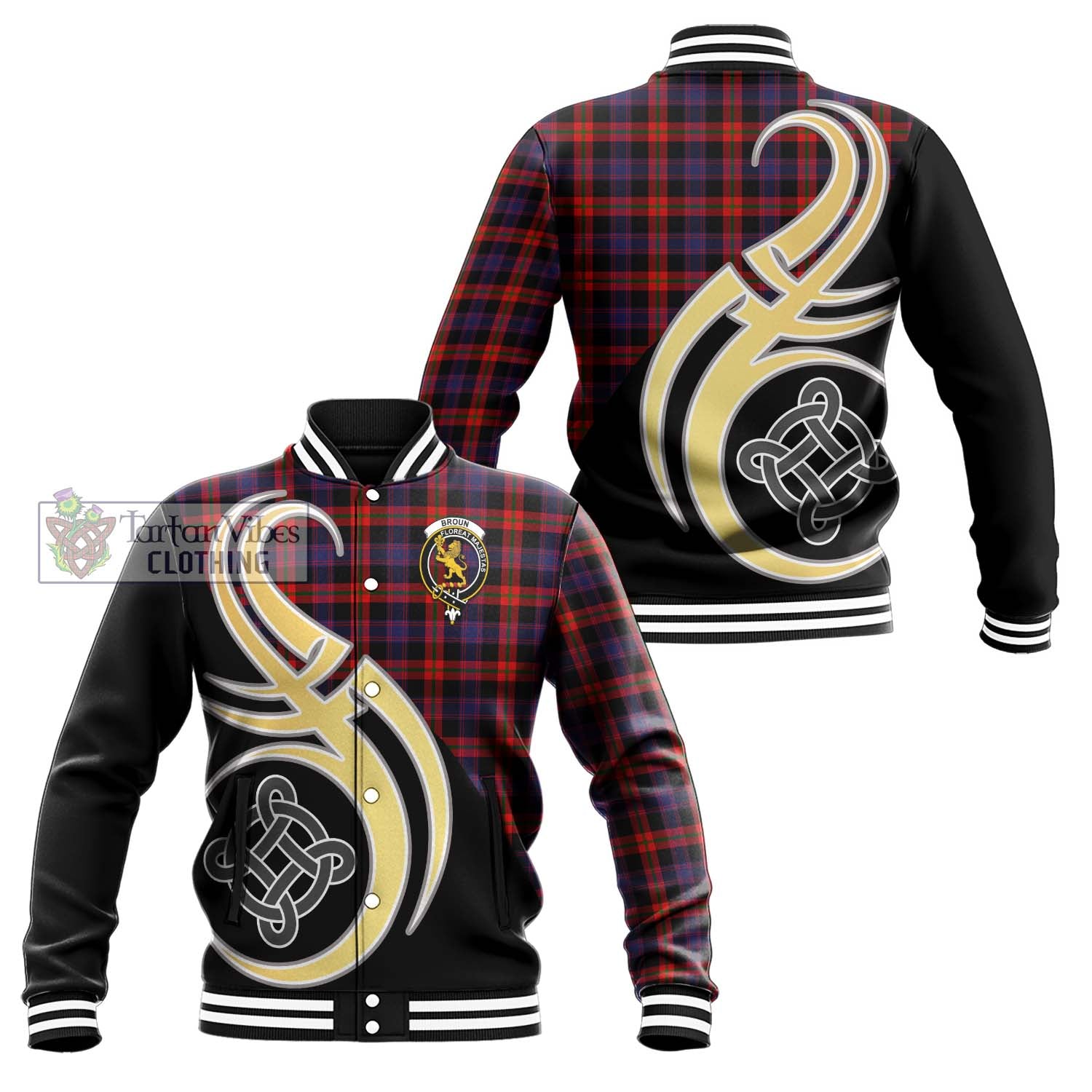 Broun Modern Tartan Baseball Jacket with Family Crest and Celtic Symbol Style Unisex - Tartan Vibes Clothing