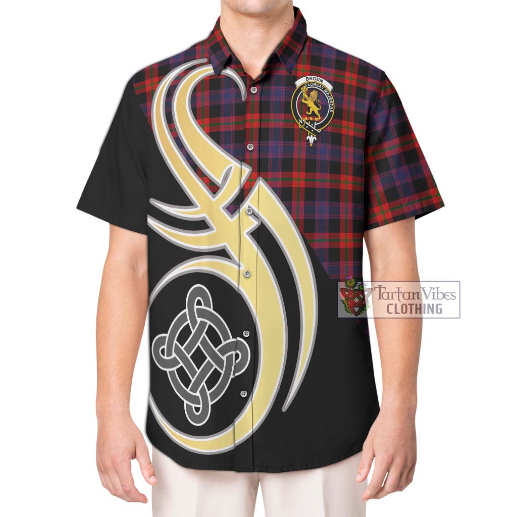 Broun Modern Tartan Short Sleeve Button Shirt with Family Crest and Celtic Symbol Style Kid - Tartan Vibes Clothing