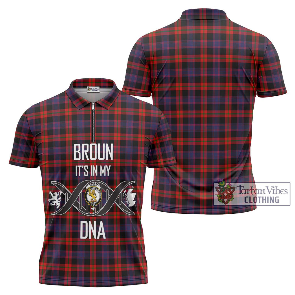 Broun Modern Tartan Zipper Polo Shirt with Family Crest DNA In Me Style Unisex - Tartanvibesclothing Shop