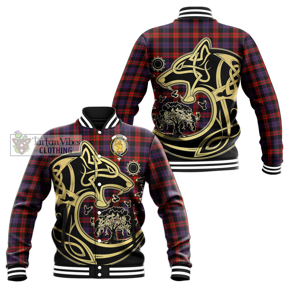 Broun Modern Tartan Baseball Jacket with Family Crest Celtic Wolf Style Unisex - Tartan Vibes Clothing