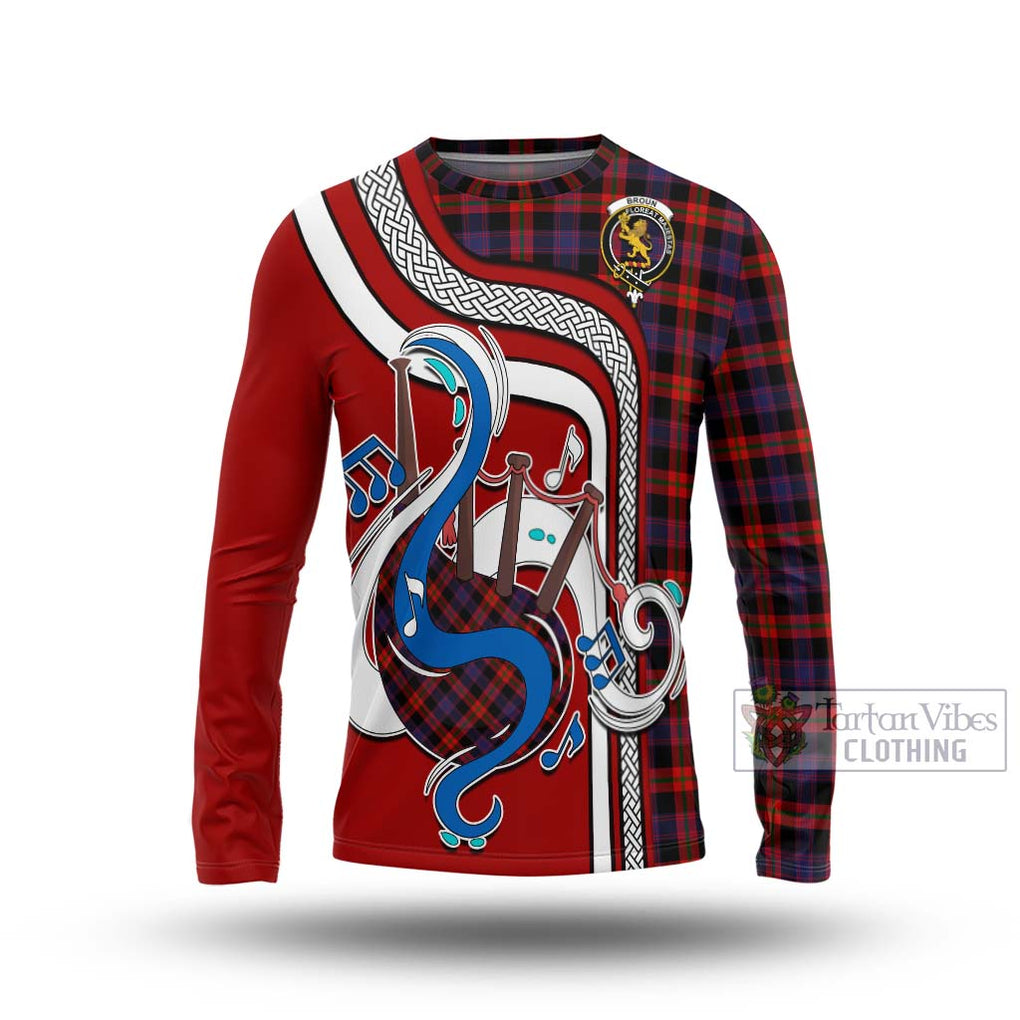 Tartan Vibes Clothing Broun Modern Tartan Long Sleeve T-Shirt with Epic Bagpipe Style