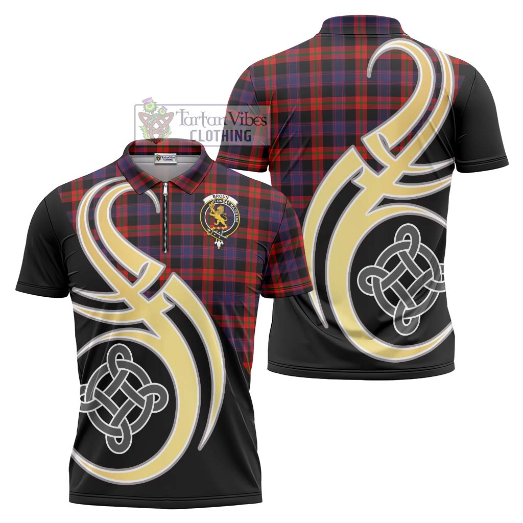 Tartan Vibes Clothing Broun Modern Tartan Zipper Polo Shirt with Family Crest and Celtic Symbol Style