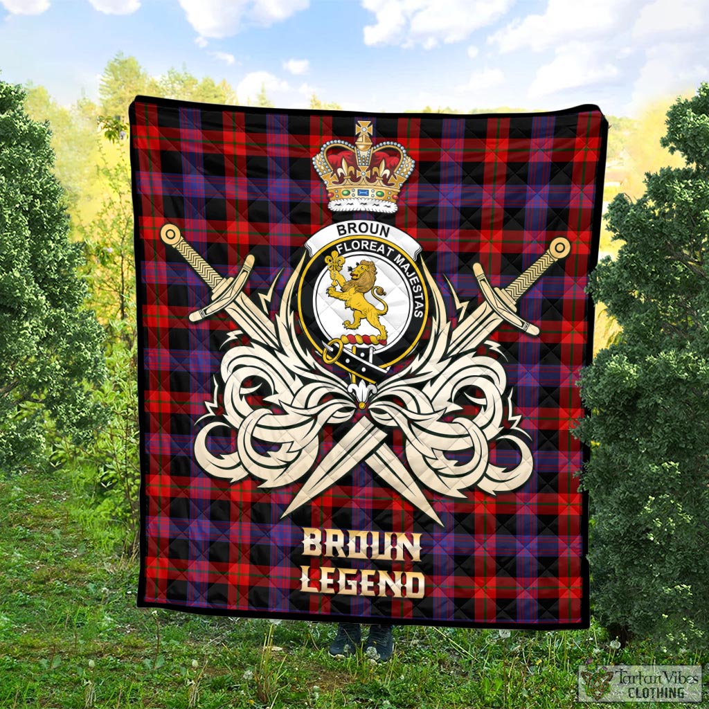 Tartan Vibes Clothing Broun Modern Tartan Quilt with Clan Crest and the Golden Sword of Courageous Legacy