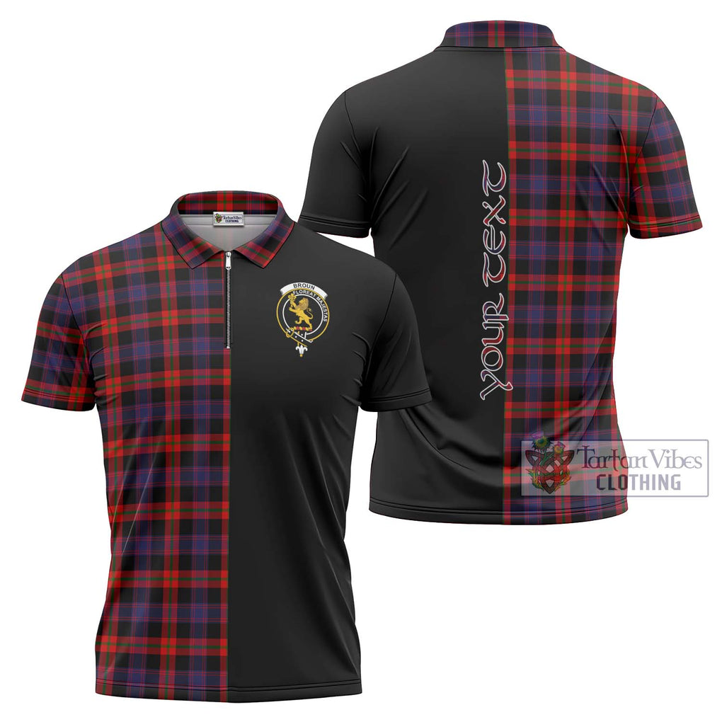 Broun Modern Tartan Zipper Polo Shirt with Family Crest and Half Of Me Style Unisex - Tartanvibesclothing Shop