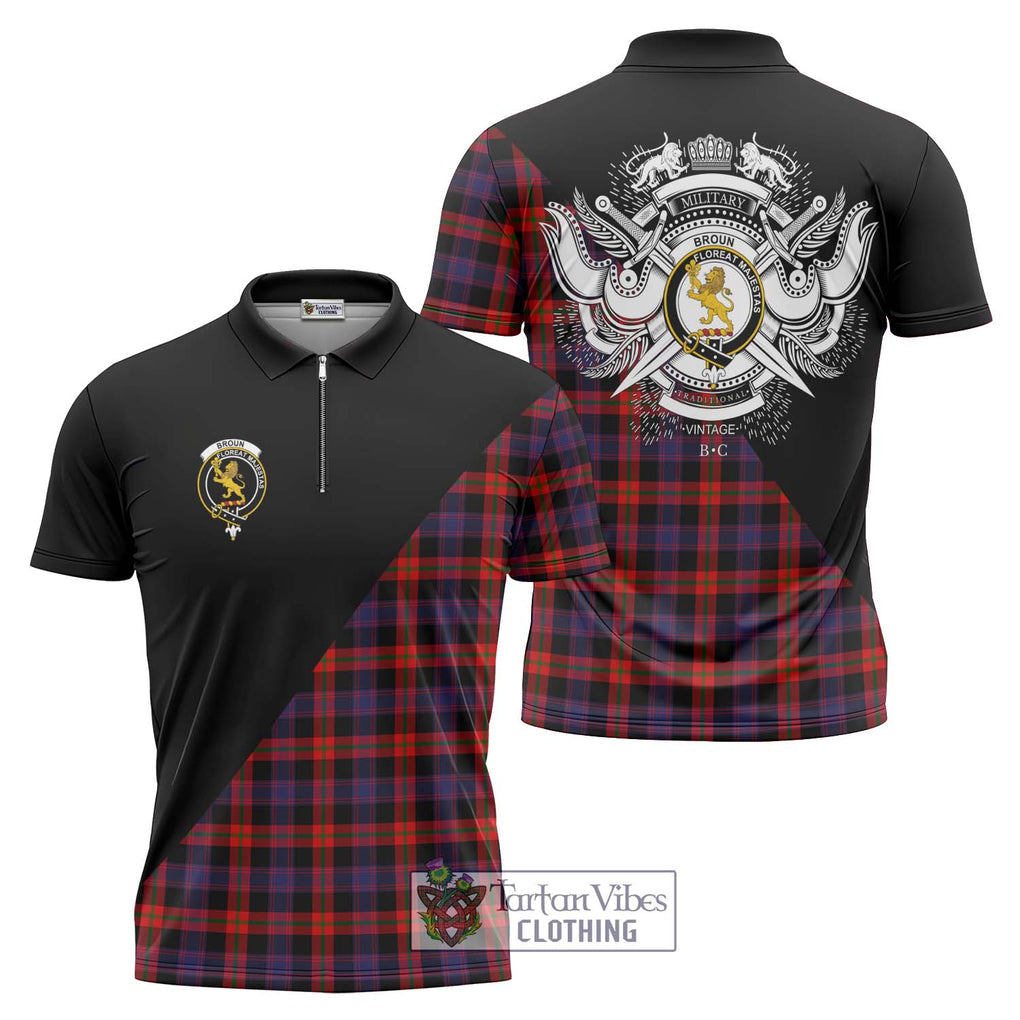 Broun Modern Tartan Zipper Polo Shirt with Family Crest and Military Logo Style Unisex - Tartanvibesclothing Shop