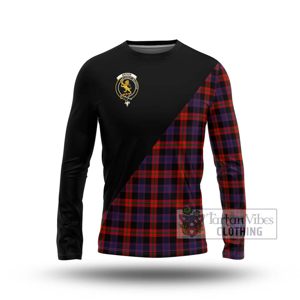 Broun Modern Tartan Long Sleeve T-Shirt with Family Crest and Military Logo Style Unisex - Tartanvibesclothing Shop