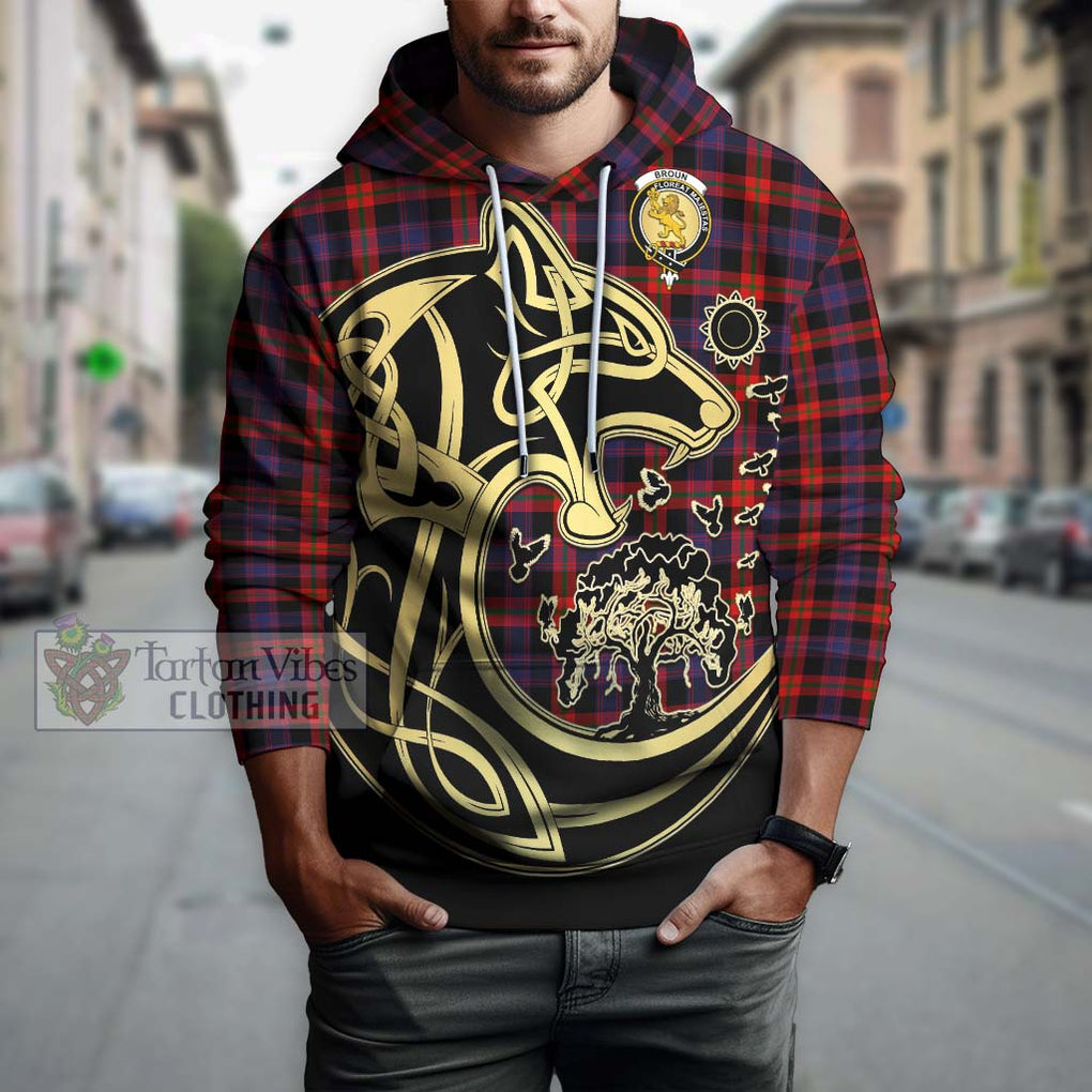 Broun Modern Tartan Hoodie with Family Crest Celtic Wolf Style Zip Hoodie - Tartan Vibes Clothing