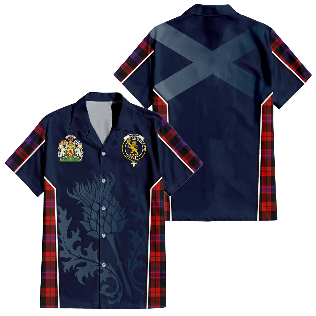 Tartan Vibes Clothing Broun Modern Tartan Short Sleeve Button Up Shirt with Family Crest and Scottish Thistle Vibes Sport Style