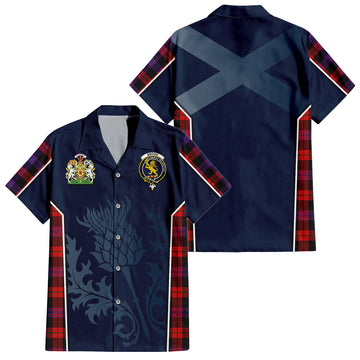 Broun Modern Tartan Short Sleeve Button Up Shirt with Family Crest and Scottish Thistle Vibes Sport Style