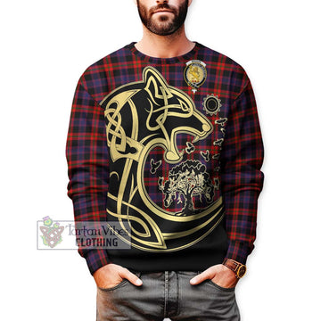 Broun Modern Tartan Sweatshirt with Family Crest Celtic Wolf Style