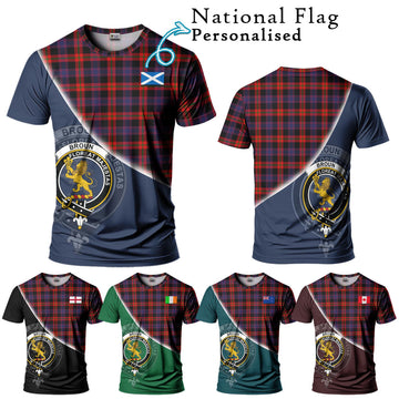 Broun Modern Tartan T-Shirt with Personalised National Flag and Family Crest Half Style