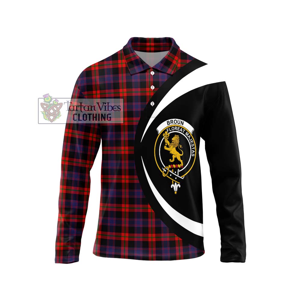 Broun Modern Tartan Long Sleeve Polo Shirt with Family Crest Circle Style Unisex - Tartan Vibes Clothing