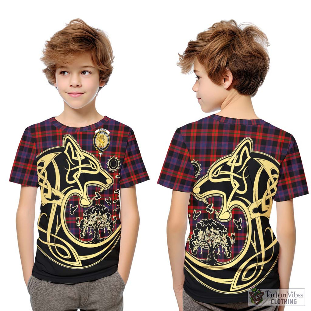 Broun Modern Tartan Kid T-Shirt with Family Crest Celtic Wolf Style Youth XL Size14 - Tartan Vibes Clothing