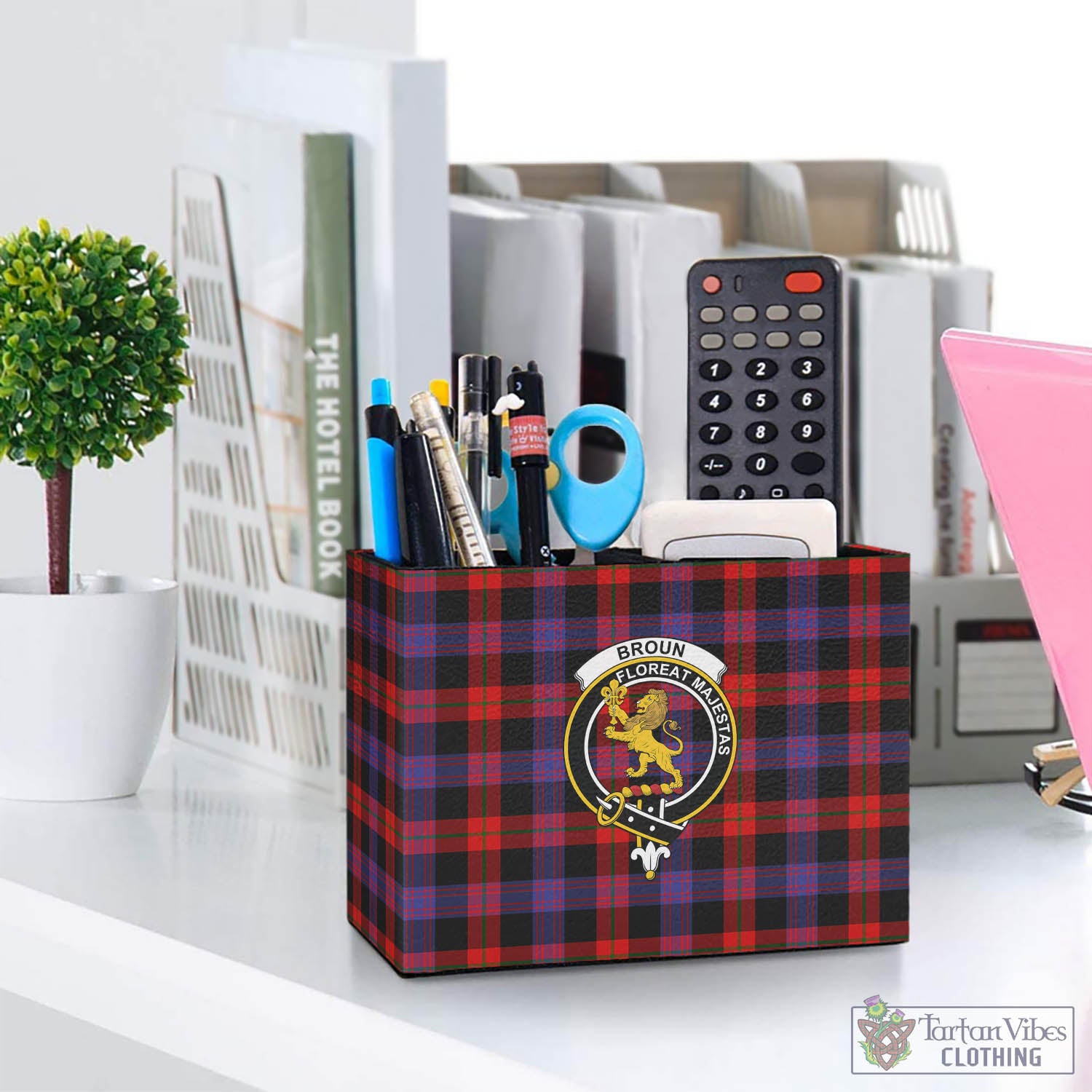 Tartan Vibes Clothing Broun Modern Tartan Pen Holder with Family Crest