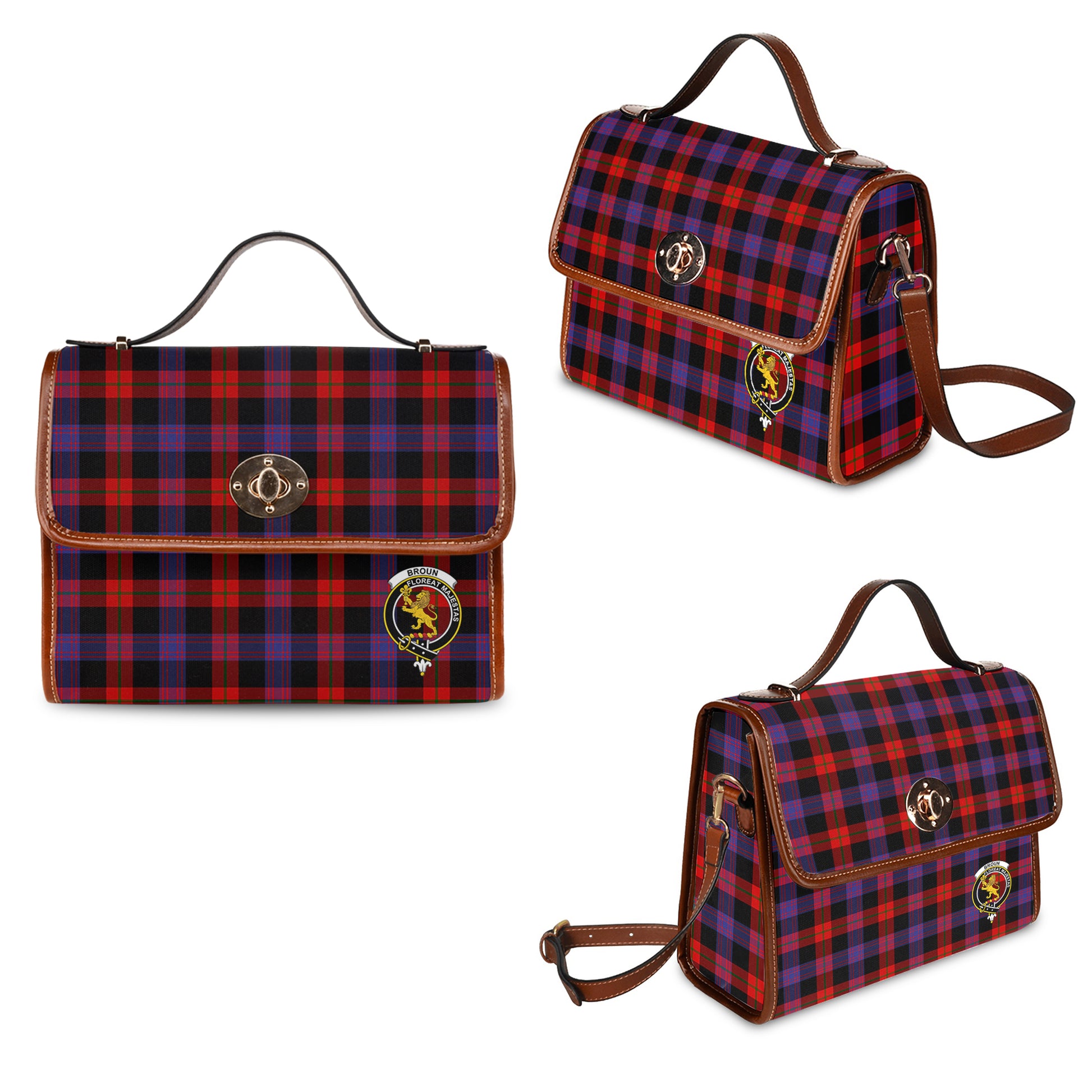 Broun Modern Tartan Leather Strap Waterproof Canvas Bag with Family Crest One Size 34cm * 42cm (13.4" x 16.5") - Tartanvibesclothing