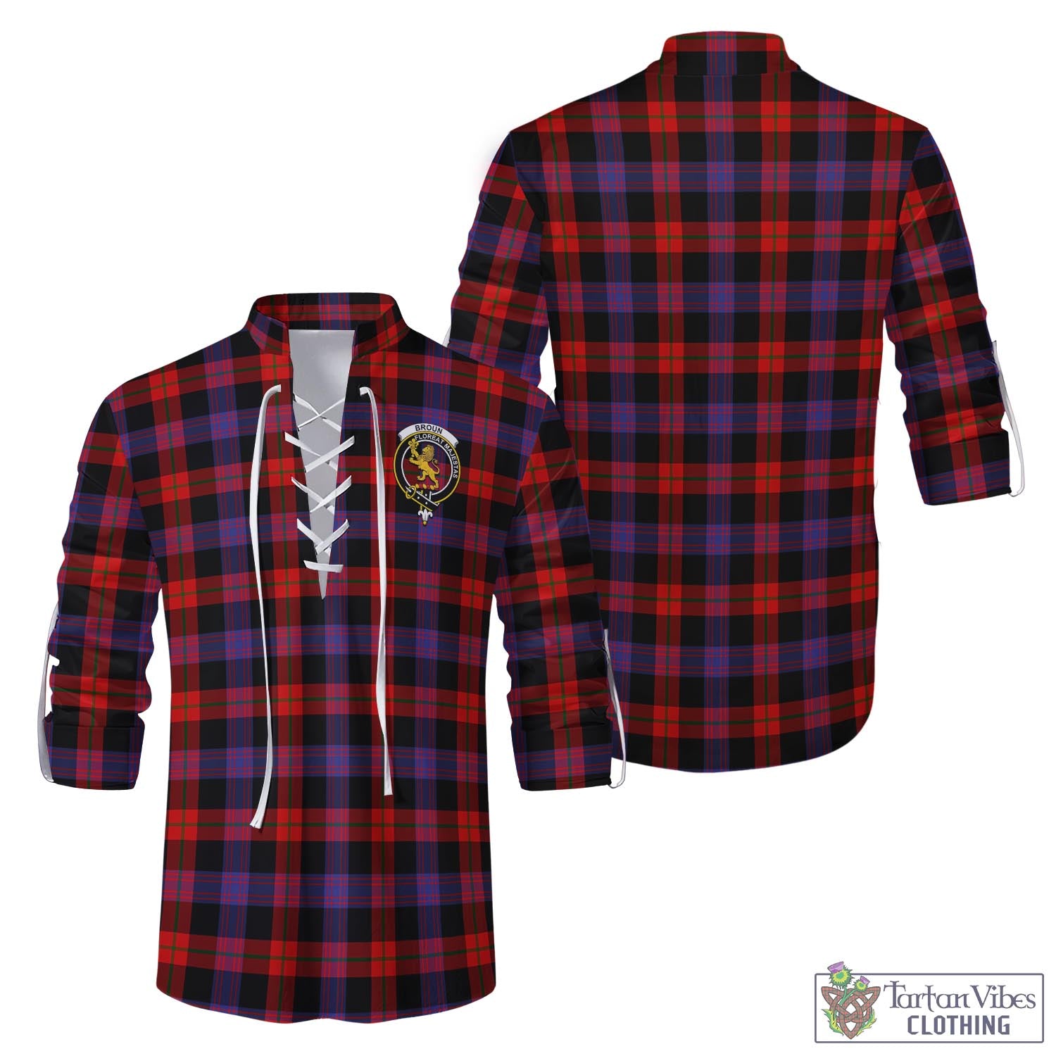 Tartan Vibes Clothing Broun Modern Tartan Men's Scottish Traditional Jacobite Ghillie Kilt Shirt with Family Crest