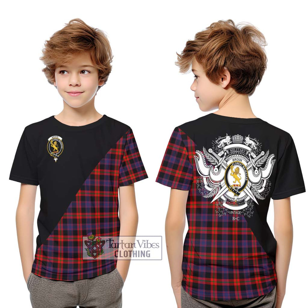 Broun Modern Tartan Kid T-Shirt with Family Crest and Military Logo Style Youth XL Size14 - Tartanvibesclothing Shop